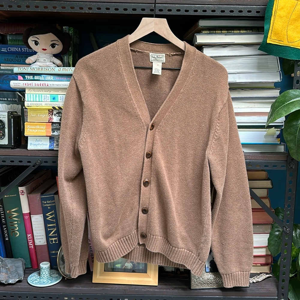 Very comfy grandpa sweater with wooden buttons. LL Bean, size Medium
